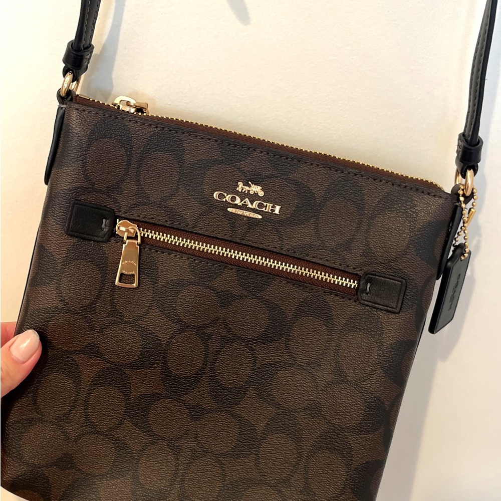Coach Brown Monogram Crossbody Bag with Gold Accents